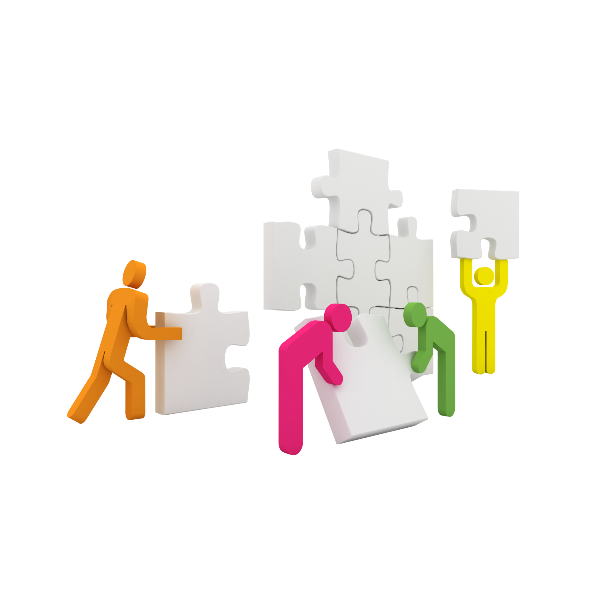 Colorful figures working together with puzzle pieces